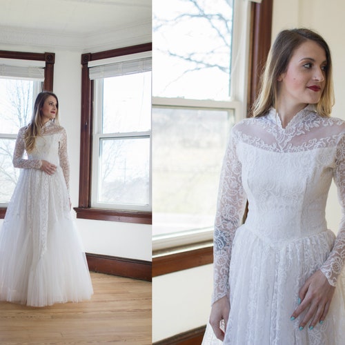1950's Satin Embroidered Lace Wedding Gown / Size XS - Etsy