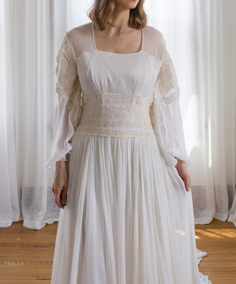 Vestido de noiva etéreo dos anos 1930 com mangas bufantes em tule / tamanho M imagem 5