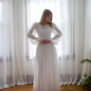 1930's sheer chiffon balloon sleeve wedding dress / bishop sleeve / lace / covered button / art deco / size XS image 9