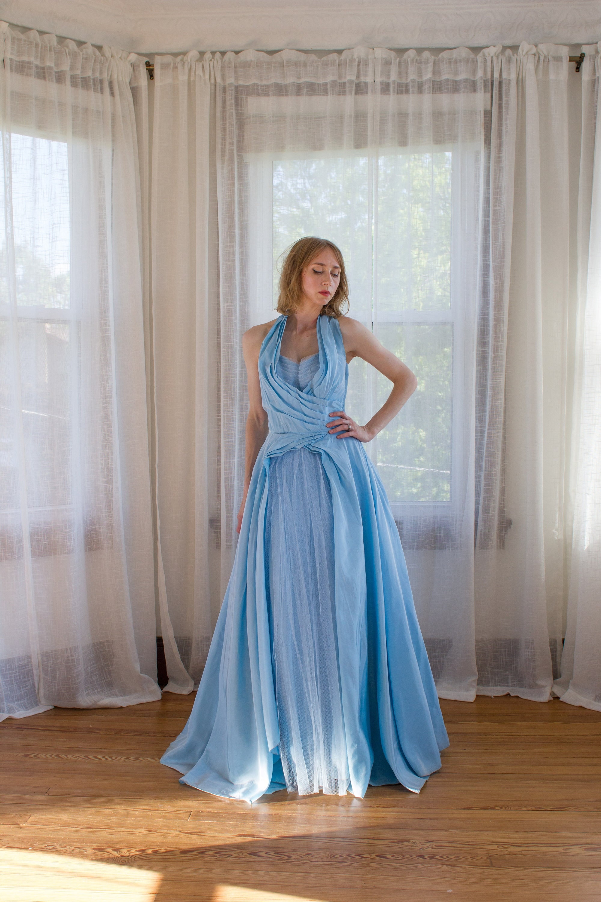 1950's vivid blue halter prom dress / taffeta / tulle / formal gown / size small