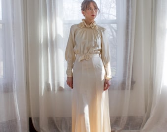 Vestido de novia de seda pura color marfil de los años 30 / art déco / talla M