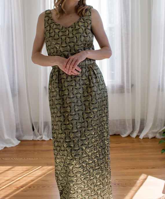 1960's black and metallic gold formal dress / cocktail / party dress / size Small / bow / sleeveless