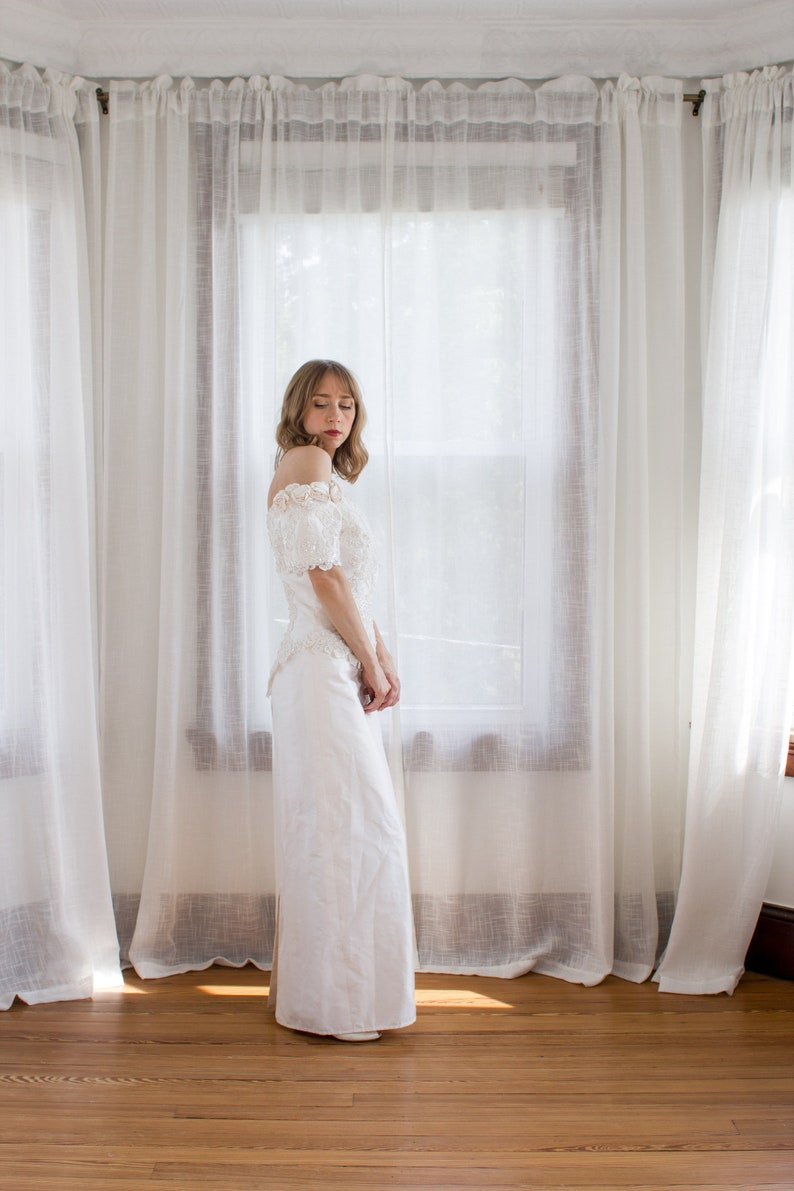 1990's pure silk off-the-shoulder wedding gown / detachable train / pencil skirt / beaded / size XS Small image 3