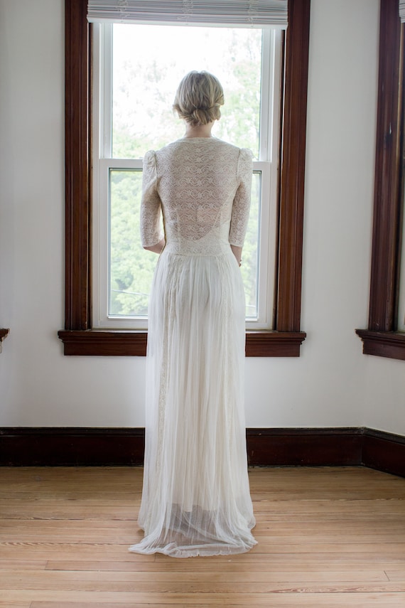 Small 1930s Wedding Dress Lace Sheer Formal Long Sleeve Evening Bridal Gown