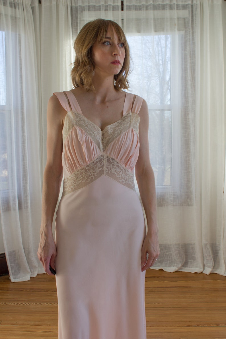 1930's baby pink satin bias cut nightgown / slip dress / size Small Medium image 1