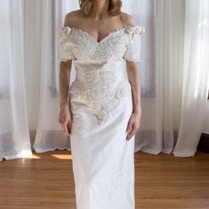 1990's pure silk off-the-shoulder wedding gown / detachable train / pencil skirt / beaded / size XS Small image 5