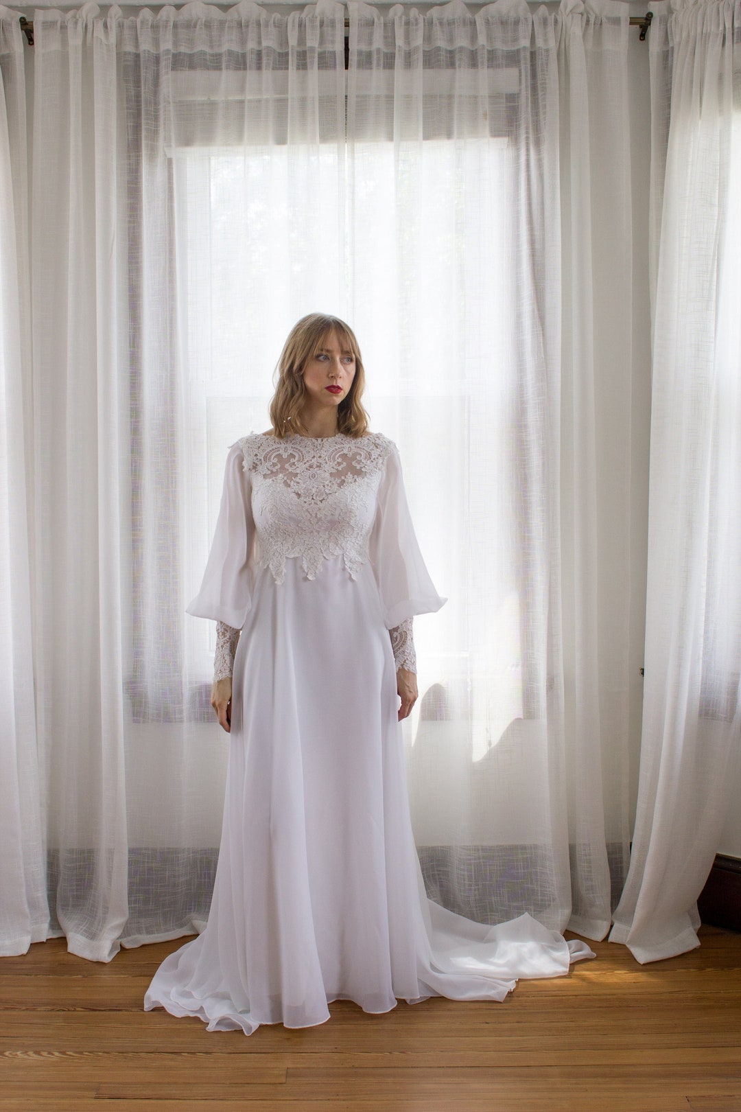 Buy 1970's Bianchi Chiffon Wedding Dress Bishop Sleeves Lace Watteau  Train Size XS Online in India