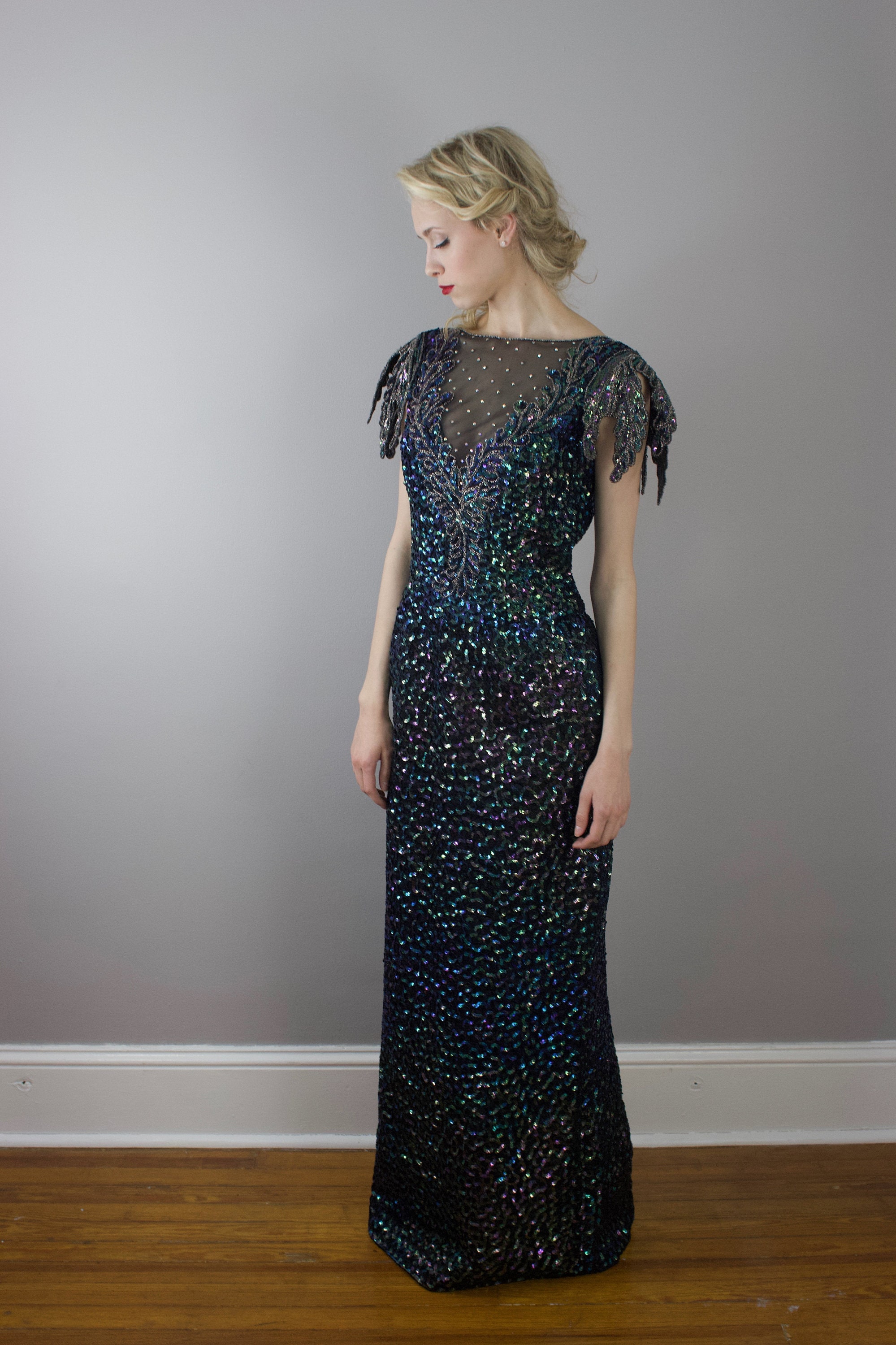 Vintage Mike Benet Formal Gown/Beaded Sequins Rhinestones Size Small Medium