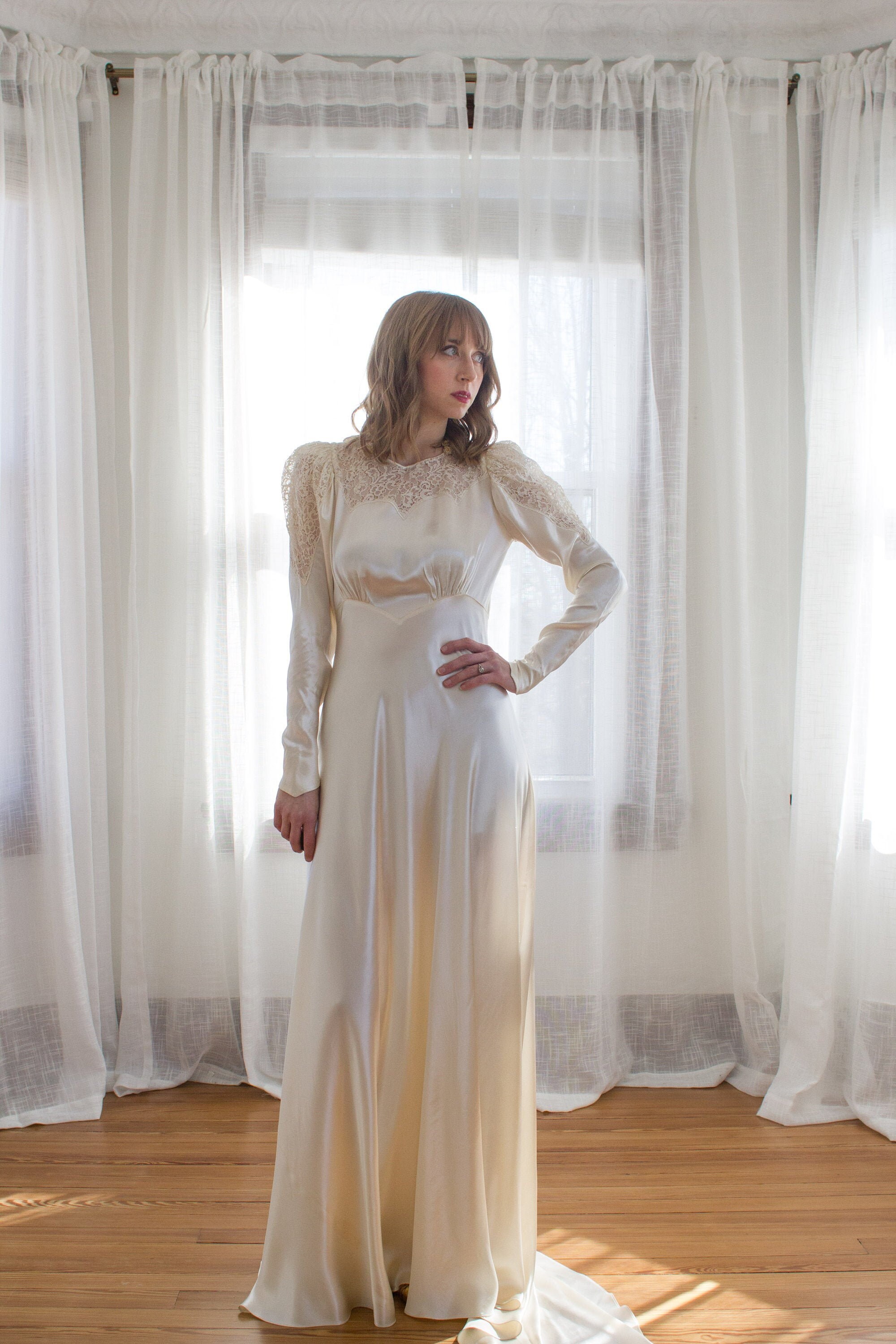 1930's Silk Satin Long Sleeve Wedding Gown / Puffed Long | Etsy
