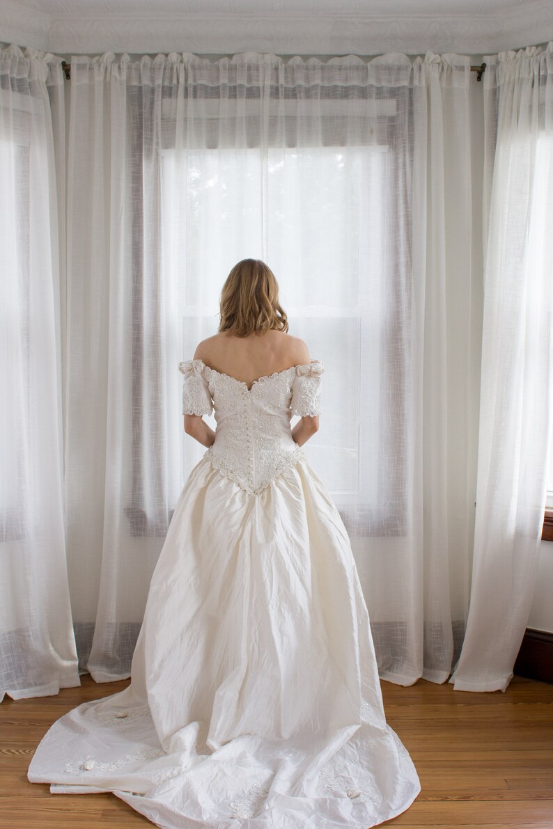 1990's pure silk off-the-shoulder wedding gown / detachable train / pencil skirt / beaded / size XS Small image 8