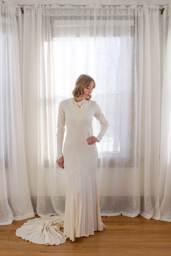 1930's art deco bias cut wedding dress long sleeves antique gown  textured silk size XS