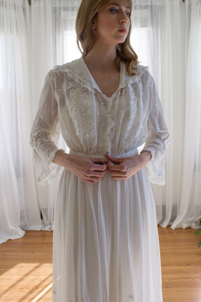 1910's Edwardian tea dress / blouse and skirt / cotton / wedding dress / size XS image 6