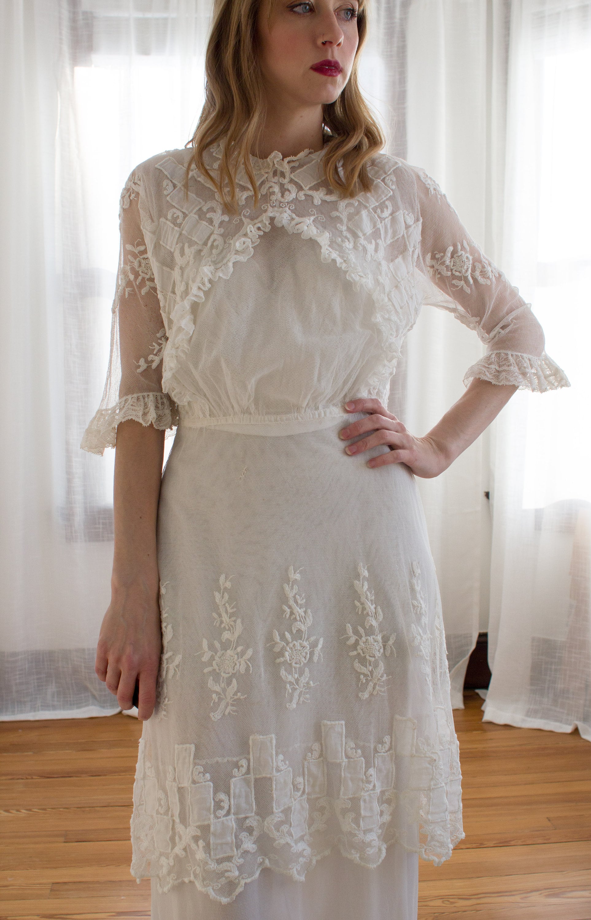knee length dresses for ladies 1800s Tambour Lace Bell Sleeve Gown  Of the Palms