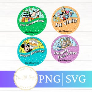 May include: Four circular Walt Disney World stickers. One green with Goofy and 'I'm Celebrating', one orange with Mickey and friends and '1st Visit!', one teal with Mickey and a cake and 'Happy Birthday!', and one purple with a castle and 'Happily Ever After'.