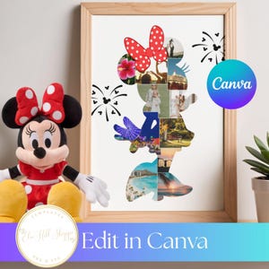 May include: A framed collage template featuring a silhouette of a cartoon mouse character filled with various personal photographs, accented by a red and white polka dot bow graphic and black firework illustrations on a white background.
