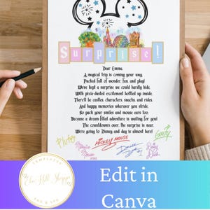 May include: A personalized Disney-themed surprise announcement. The design features a Mickey Mouse silhouette, the word "Surprise!" in pastel letters, and a handwritten letter. The bottom of the image includes the text "Edit in Canva".
