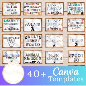 May include: A collection of rectangular digital templates featuring various Disney-themed text designs. Each template displays specific location names or event titles filled with colorful imagery, accompanied by iconic silhouettes like Mickey Mouse ears, castles, and cruise ships.