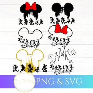 May include: A selection of Disney-themed graphics in black and gold, featuring Mickey Mouse silhouettes, Minnie Mouse bows, castle outlines, and the word "Disney". The graphics are in PNG and SVG formats.