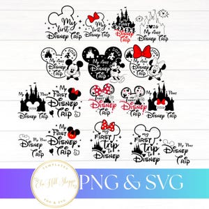 Pode incluir: Uma coleção de designs em preto e branco com o tema Disney com os textos "My First Disney Trip" e "My First Trip to Disney". Inclui silhuetas do Mickey Mouse, laços, castelos e o ano de 2026. O texto "PNG & SVG" está no canto inferior direito.