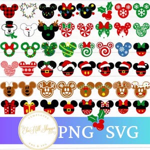 May include: A collection of digital graphic icons featuring various Mickey Mouse head silhouettes with holiday themes including Christmas lights, Santa hats, gingerbread patterns, snowflakes, and festive bows in red, green, and white colors.