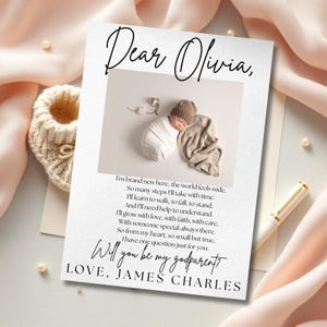 May include: A white card with the text "Dear Olivia," and a photo of a newborn baby wrapped in a blanket. The card includes the text "Will you be my godparent?" and "LOVE, JAMES CHARLES."