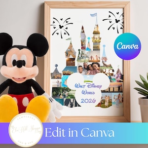 May include: A plush Mickey Mouse doll with black ears, a black body, red shorts with white buttons, and yellow shoes, next to a framed collage print of a castle shape filled with various family photos, featuring the text Walt Disney World 2026.