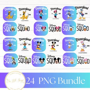 May include: A collection of 24 PNG bundle graphics featuring various Disney characters like Mickey Mouse, Minnie Mouse, Donald Duck, and Goofy. Each graphic includes the Disneyland logo and the text "Disney Squad."
