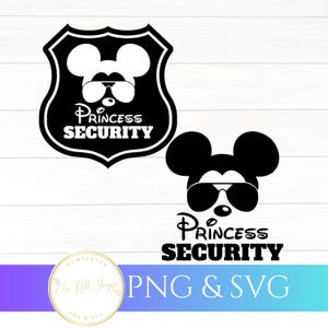 Puede incluir: Diseño en blanco y negro de Princess Security con un ratón con gafas de sol. El diseño está disponible en dos versiones: una en forma de escudo y otra como gráfico independiente. Se incluye el texto "Princess Security".