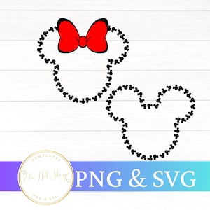 Pode incluir: São apresentados dois contornos pretos de cabeças do Mickey Mouse, um com um laço vermelho. Os contornos são feitos de pequenos círculos pretos. A imagem inclui o texto "PNG & SVG" e um logotipo.