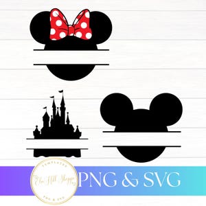 May include: Black and white graphic designs featuring Mickey Mouse ears, a castle silhouette, and a Minnie Mouse bow with red and white polka dots. The designs include space for text. The image also includes the text "PNG & SVG".