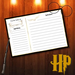 May include: A recipe journal with a black border and gold accents, featuring the text "From the Kitchen of" and "Ingredients:" on the left page and "Instructions:" on the right. Includes a wand, glasses, and a golden snitch illustration, with the letters "HP" in gold.