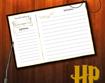 May include: A recipe journal with a black border and gold accents, featuring the text "From the Kitchen of" and "Ingredients:" on the left page and "Instructions:" on the right. Includes a wand, glasses, and a golden snitch illustration, with the letters "HP" in gold.
