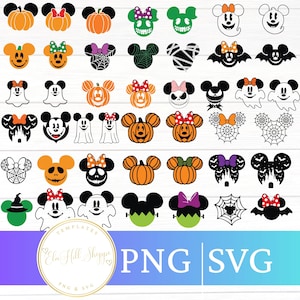 Op de afbeelding: Een verzameling digitale grafische iconen met diverse Halloween-thema silhouetten met muizenoortjes, waaronder pompoenen, spoken, vleermuizen, spinnenwebben en monsters in oranje, zwart, groen, wit en paars. De tekst luidt Elm Hill Shoppe PNG SVG.