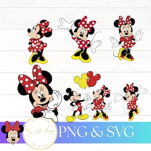 May include: A collection of Minnie Mouse illustrations in various poses. Minnie is depicted in her signature red and white polka dot dress and bow, with yellow shoes. The image includes the text "PNG & SVG".