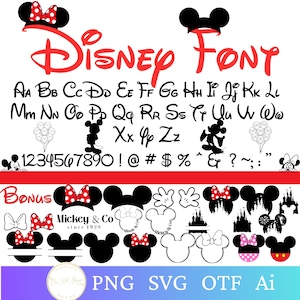 May include: A digital graphic design featuring the Disney font in red and black. Includes the alphabet, numbers, and various Mickey Mouse and Minnie Mouse themed graphics. The image also includes the text "Mickey & Co since 1928".