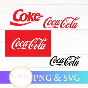 May include: Several Coca-Cola logos in red and black, including the word "Coke" in a stylized script. One logo is on a red background. The image also includes the text "PNG & SVG".