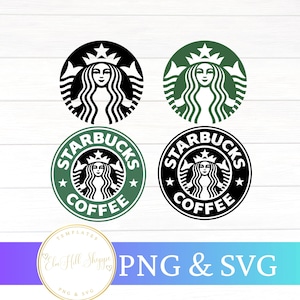 May include: Four Starbucks logo designs in black and white, and green and white. Two logos are the classic Starbucks mermaid design. The other two logos have the words "STARBUCKS COFFEE" around the mermaid. The image also includes the text "PNG & SVG".