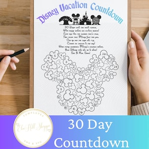 Könnte beinhalten: Ein ausdruckbarer Disney-Urlaubs-Countdown auf einem Holz-Klemmbrett. Das Design zeigt eine Mickey-Mouse-Kopfform, die aus kleineren Mickey-Köpfen besteht, die jeweils für einen 30-Tage-Countdown nummeriert sind. Die Oberseite hat Disney-Silhouetten und Text in Lila und Blau.