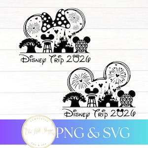 May include: Black and white Disney Trip 2026 design featuring Mickey Mouse ears, fireworks, a castle, and other iconic elements. Includes a Minnie Mouse bow and a tree. Available in PNG and SVG formats.