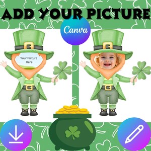 Leprechaun Activity for St Patricks party celebrating Printable Watercolor Add your Photo Picture Clipart Class Door Decor Bulletin Board