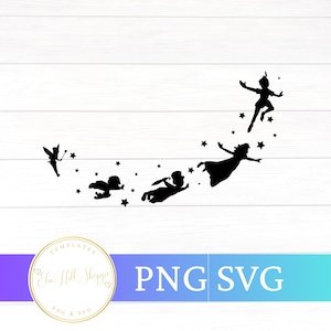 May include: A black silhouette graphic featuring a fairy with a wand, a small child, a figure with an umbrella, a flying person in a dress, and a flying boy, all surrounded by scattered stars, with the text PNG SVG at the bottom.