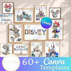Puede incluir: Una colección de plantillas de collage de fotos digitales con varias formas, incluyendo siluetas de Mickey Mouse, Minnie Mouse y castillos. Los diseños incorporan texto como DISNEY, MAGIC KINGDOM y WALT DISNEY WORLD 2024, con detalles de fuegos artificiales.
