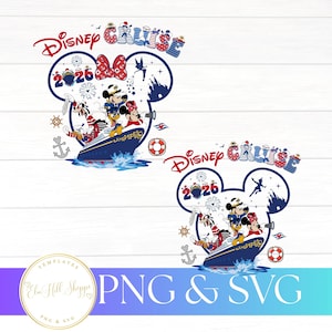 May include: A digital design featuring Mickey and Minnie Mouse, Goofy, and Donald Duck on a cruise ship. The words "Disney Cruise 2026" are displayed in red and blue, with a Mickey Mouse head outline.