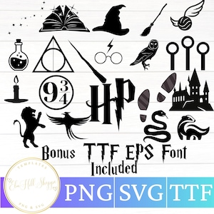 May include: Black and white graphic elements including a book, wizard hat, broom, snitch, potion bottle, glasses, wand, owl, footprints, castle, and more. Text includes "Bonus TTF EPS Font Included" and "PNG SVG TTF".