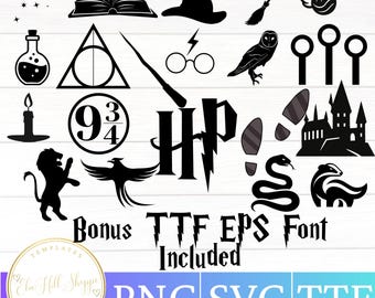 Magic World Symbols Png, Svg, Ttf, Eps, Font Included, Wizard Svg, Owl Svg, Castle Svg, Houses svg, Platform, Glasses, Lightening bolt scar