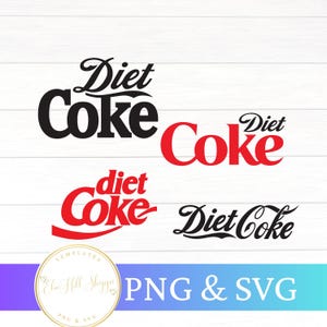 May include: A digital graphic featuring four "Diet Coke" logos in black and red. The logos are in different styles, with the words "PNG & SVG" at the bottom. A circular logo with the text "Elm Hill Shoppe" is also present.