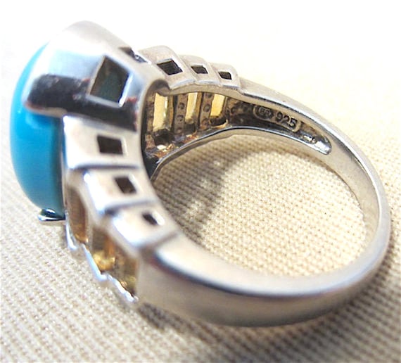 Bold Oval Turquoise /& Topaz Baguette Ladies Chunky Ring Southwestern Unique Bright Colors Vintage 80/'s Sterling Silver Unisex Modern