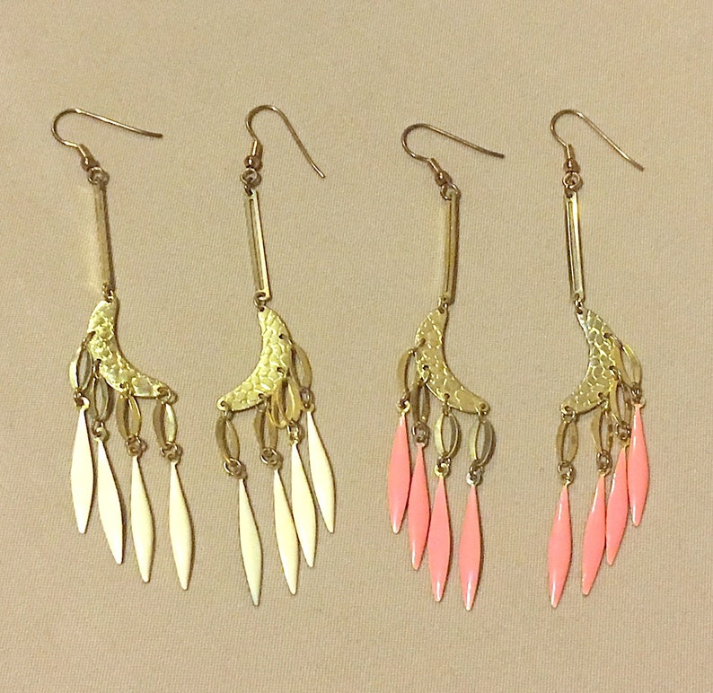 Peach or Off White Enameled Spike Dangle Earrings Salmon Vintage Long Dangle Earrings Vintage 80/'s Enameled Gold Moon Dangle Earrings
