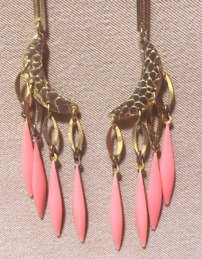 Peach or Off White Enameled Spike Dangle Earrings Salmon Vintage Long Dangle Earrings Vintage 80/'s Enameled Gold Moon Dangle Earrings