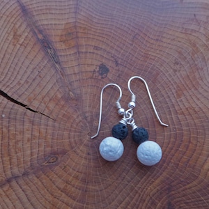 Lava stone earrings,  black and white lava stone beads, 925 Sterling silver finishing, lava rock, essential oil diffuser